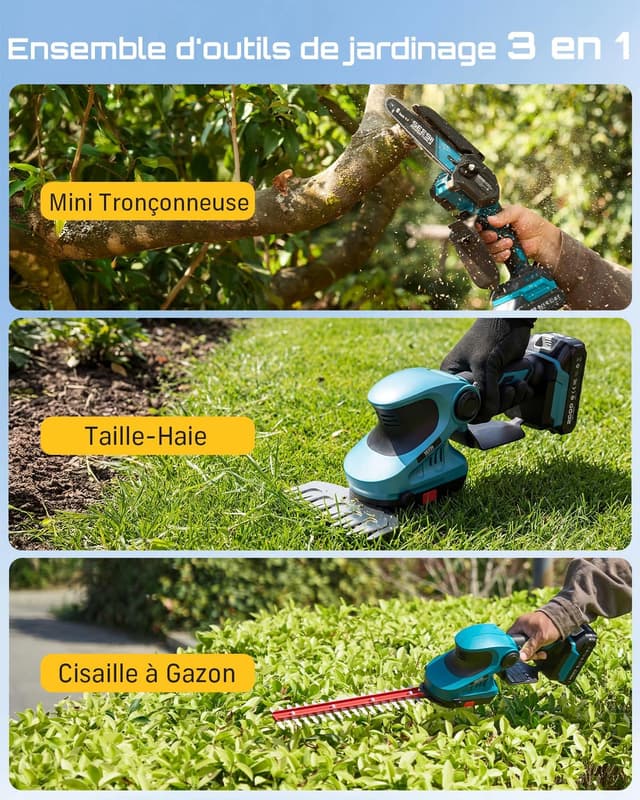 Detalle 2 de SEESII kit 3-en-1 sans fil mini tronçonneuse 6 pouces, taille-haie et cisaille à gazon (600W)