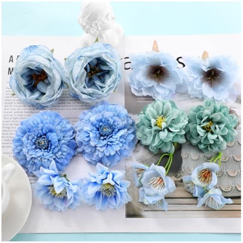 Detalle de MWOOT Flores artificiales variadas (12 rosas azules) con mariposas decorativas para centros de boda, graduación y baby shower