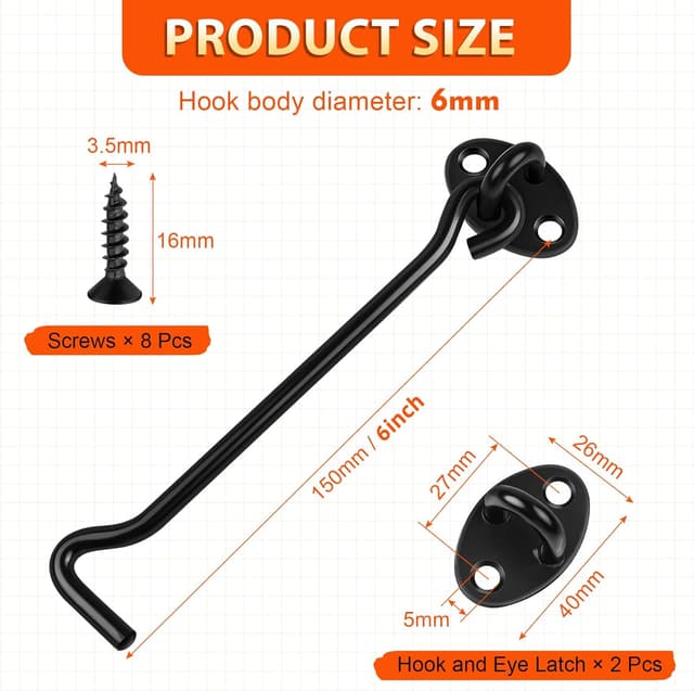 Detalle de Jeboler 2 Pack Hook and Eye Latch 6 Inch Black Cabin Door Hooks (Stainless Steel)