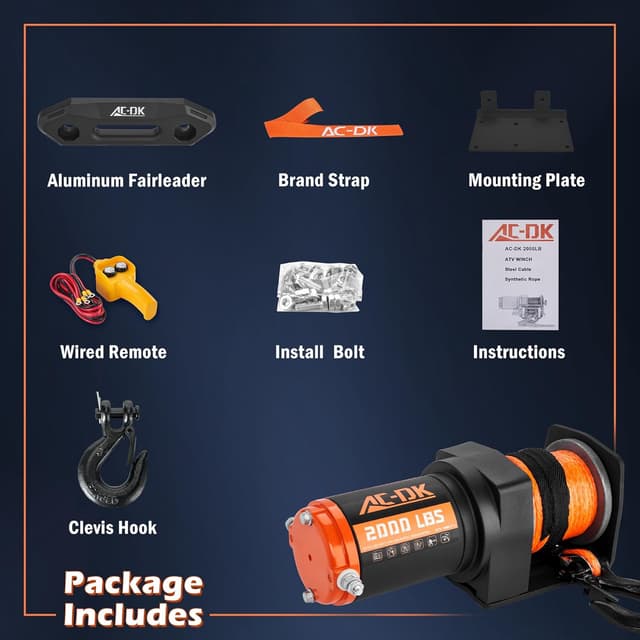 Detalle 2 de AC-DK 12V 2000-lb ATV/UTV Electric Winch with Synthetic Rope and Wired Remote