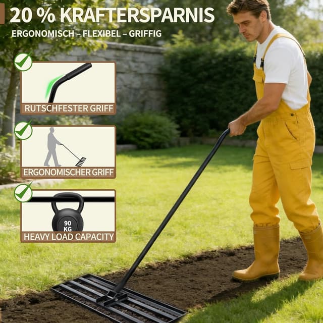 Detalle 2 de LYFETC Rasen Rakel 75x25 cm – schwerer Rasen-Nivellierrechen mit ergonomischem gebogenem Griff