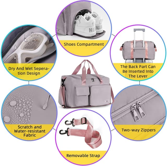 Detalle de Fioretto water-resistant sports gym duffle bag with shoes compartment and wet/dry pocket (45 x 24 x 28 cm, 30L)