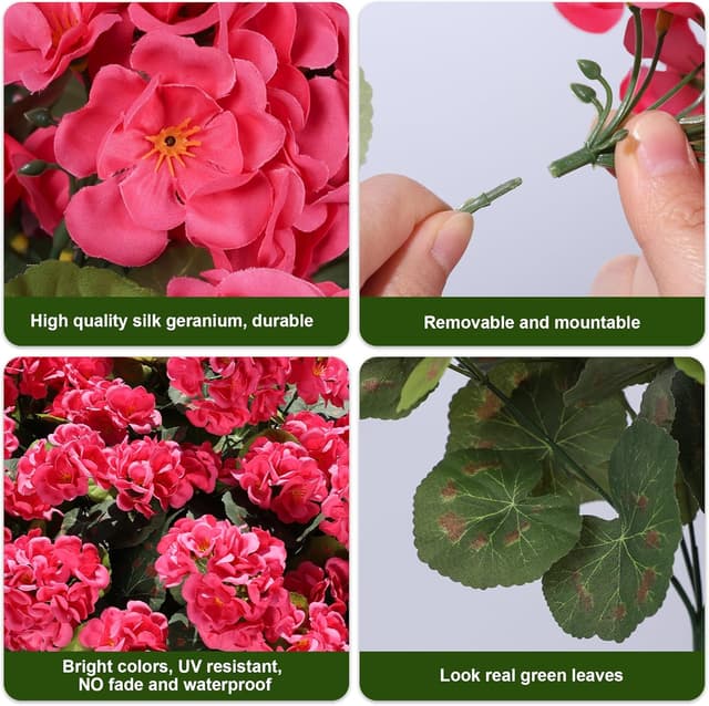 Detalle 2 de HyeFlora Artificial Geranium Fake Flowers for Outdoors Decoration (6 Bundles) — UV Resistant Silk, Hot Pink