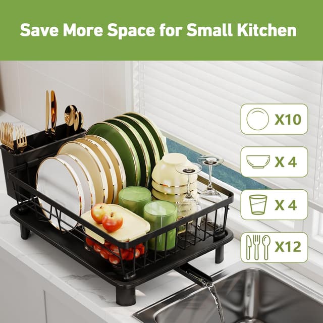 Detalle de GHERISN Dish Drainer Rack with Drip Tray – Stainless Steel sink dish drying rack (black)