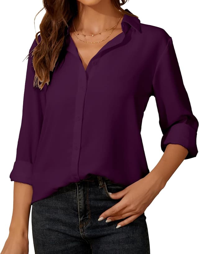 Detalle 2 de Damen Button-Down Langarm-Bluse aus Chiffon mit Knopfverschluss – V-Ausschnitt & klassische Hemd-Optik