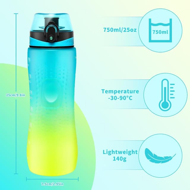 Detalle de Binudum Motivations-Trinkflasche mit Zeitmarkierung (Tritan, BPA-frei) Blau Gold, 750 ml