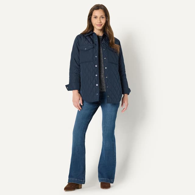 Detalle de Amazon Essentials Damen Lange Relaxed-Fit-Steppjacke mit Druckknöpfen