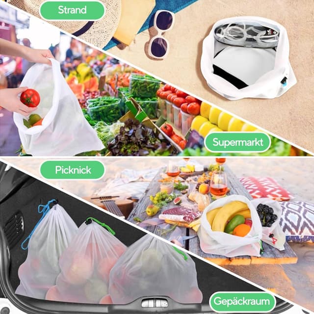 Detalle de DAMIHAI 15er Set Obst- und Gemüse-Netztaschen mit Kordelzug (3 Größen) – wiederverwendbare Netzbeutel