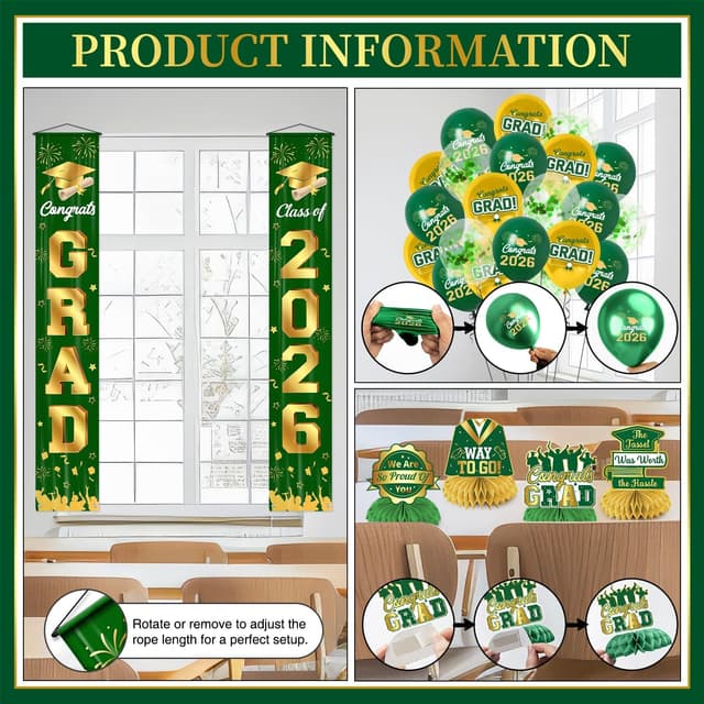 Detalle de M AMFEOV 2026 Green and Gold Graduation Party Decor Set with Congrats Grad Banner, Backdrop & Balloons