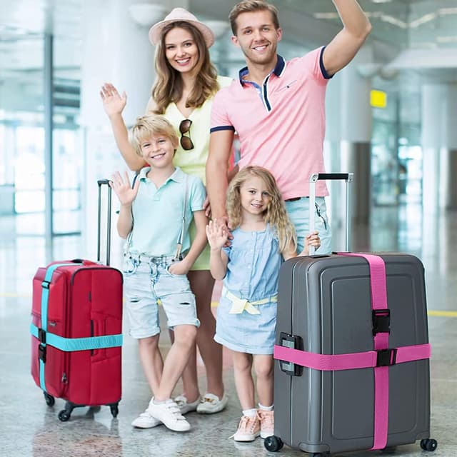 Detalle 2 de Koffer-Gurte 4er-Set mit Adressschild: verstellbare Kofferbänder Kreuzgurt (2 Rosa, 2 Blau)