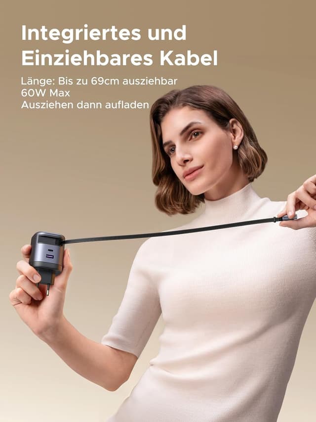 Detalle de UGREEN USB C Ladegerät 65W GaN 3-Port