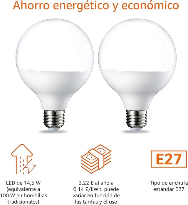 Detalle 2 de Amazon Basics Bombilla LED E27 G93 Globo 14.5W 💡 Pack de 2