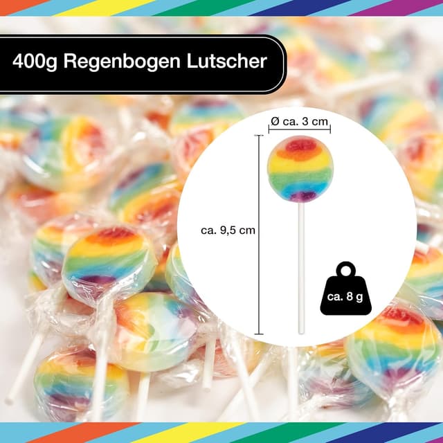 Detalle de FOOD crew Regenbogen Lollies, 50er Pack (400 g) – vegan & einzeln verpackt für Kindergeburtstag, Candy Bar & Mitgebsel