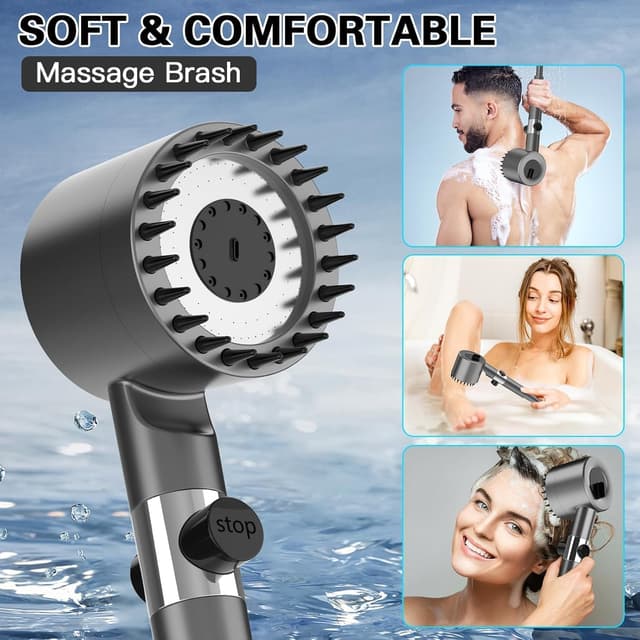 Detalle de Hard Water Filter Shower Head and Hose (Grey) – 3+1 Spray Modes High-Pressure Handheld with KDF Carbon Vitamin C Filter