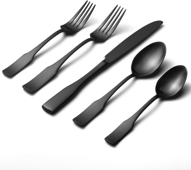 Detalle de Alata Kate Black Satin 40-Piece Silverware Set (Service for 8) — 18/0 Stainless Steel Flatware, Dishwasher Safe