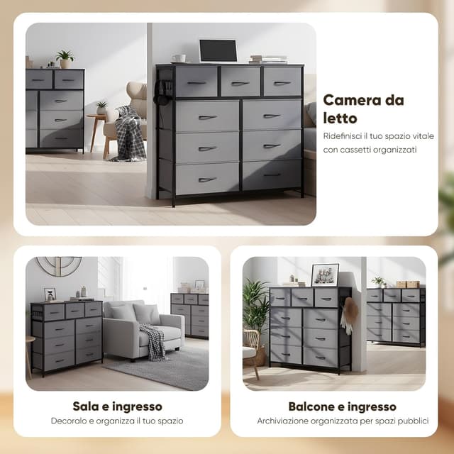 Thumbnail 6 de HOKEEPER cassettiera stretta in tessuto con 9 cassetti e piano in legno/MDF (grigio)