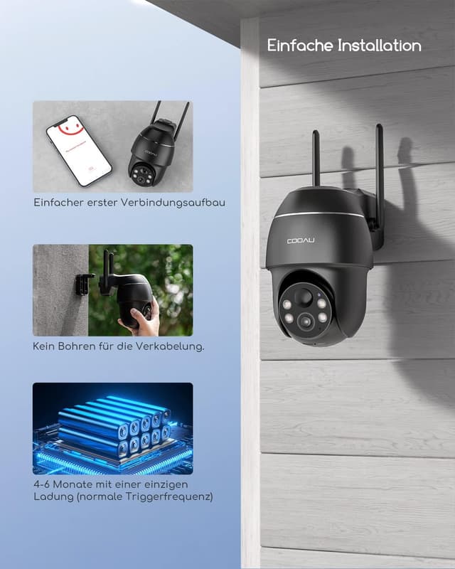 Detalle 2 de COOAU 5MP Akku-Überwachungskamera außen (WLAN, IP) mit PIR-Personenerkennung
