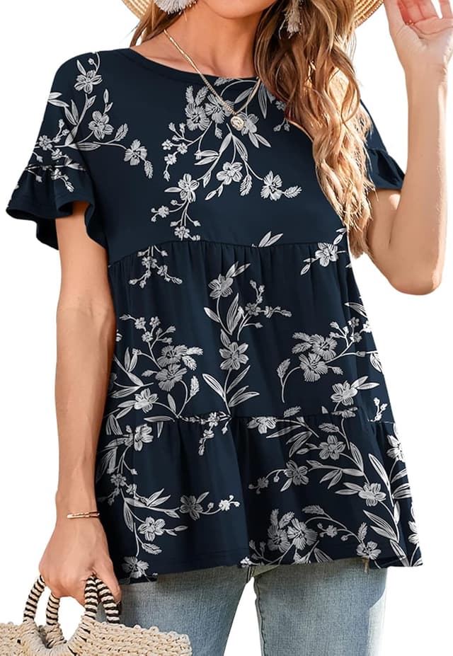 Detalle de Neineiwu Damen Rundhals-T-Shirt mit Rüschensaum, kurzarm Sommerbluse (S–XXL)