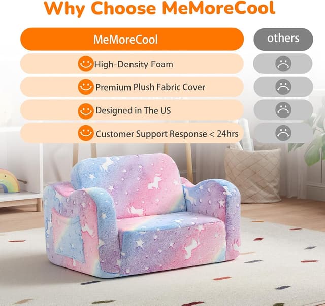 Detalle de MeMoreCool Glowing Rainbow Unicorn Kids Chair (Convertible 2-in-1 Fold-Out Kids Couch)