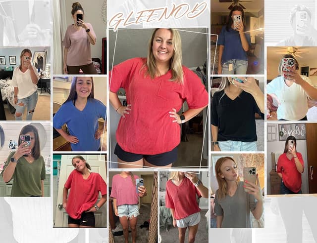 Detalle de GLEENOD Damen T-Shirt mit V-Ausschnitt, Kurzarm und Tasche – locker-oversize für Sommer-Looks