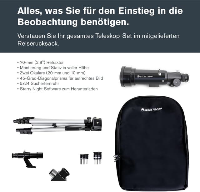 Detalle de Celestron Travel Scope 70 (21035) Refraktor-Kit mit Rucksack – tragbares Einsteiger-Teleskop