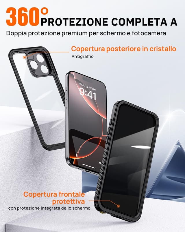 Detalle 2 de Lanhiem Cover impermeabile IP68 per iPhone 16 Pro Max (360° antiurto, subacquea) nera