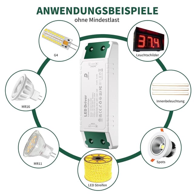 Detalle 2 de DUSKTEC LED Trafo 230V auf 12V 60W (5A) Konstantspannung für MR16 GU5.3, MR11, G4 – LED-Netzteil/Trafo