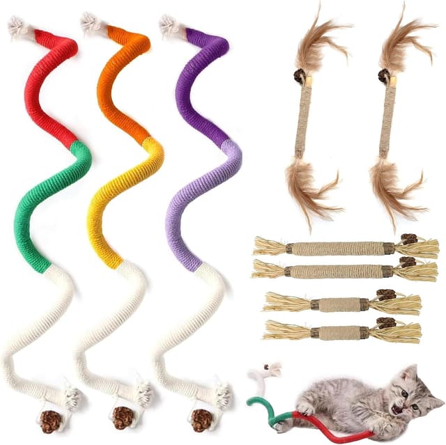 Detalle de ZYNERY Katzenminze Spielzeug-Set (9-teilig) mit Beißseilen und Katzenminze-Sticks für Zahnpflege und Beschäftigung
