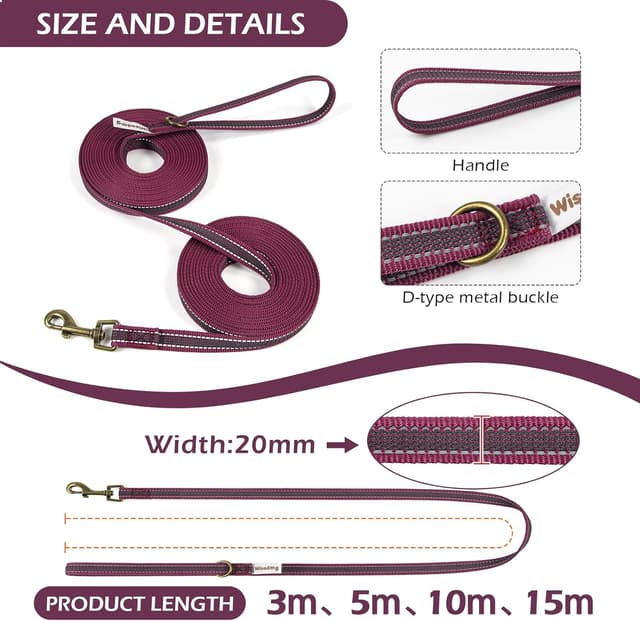 Detalle de Wisedog Schleppleine für Hunde mit reflektierenden Streifen (3 m) – Rückrufleine für Training, Tracking & Camping in Dunkelrot