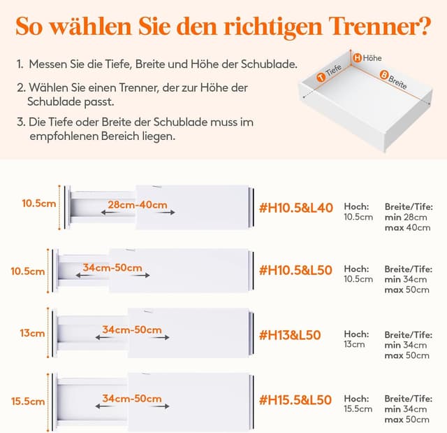 Detalle de Lifewit 4er Set Schubladentrenner, verstellbar für Schubladen-Innenlängen 34–50 cm (weiß)