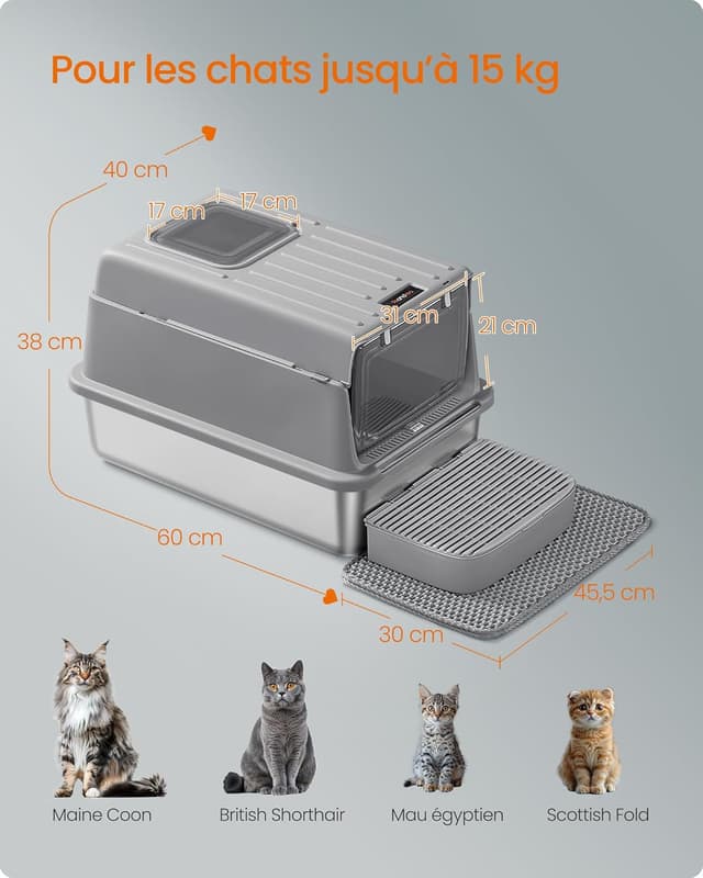 Detalle 2 de Feandrea PPT007GN01 – bac à litière en acier inoxydable avec couvercle, pelle, tapis et 2 entrées (jusqu’à 15 kg), gris tourterelle
