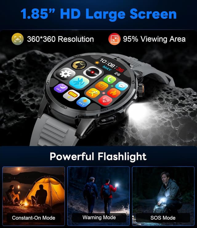 Detalle 2 de Montre Connectée Homme 1,85" : écran tactile, appels Bluetooth, cardio & sommeil, IP68, torche LED