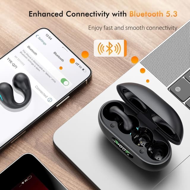 Detalle 2 de Clip On Bluetooth 5.3 Open-Ear Earbuds with LED Charging Case, Bone Conduction Style, Built-In Mic (IPX7) for Running Fitness