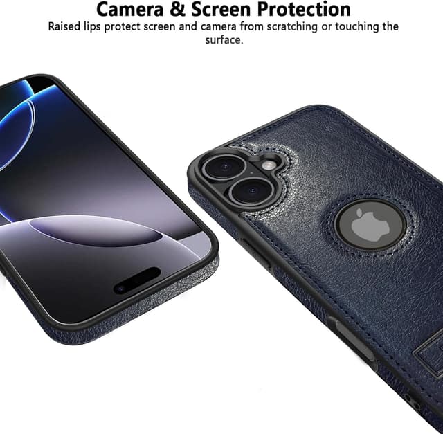 Detalle de KSELF Leather Case for iPhone 16 (6.1-inch) with Built-In Invisible Kickstand — Blue, Slim Shockproof Cover