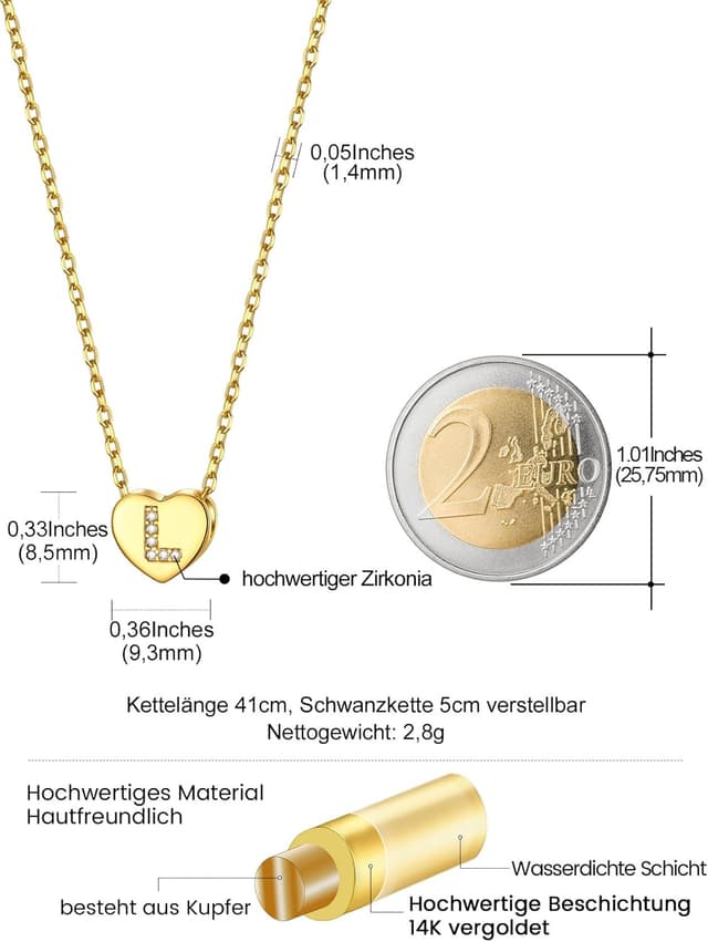 Detalle de GoldChic Herzkette Damen Kette mit Buchstaben-Anhänger, Kupfer/14K vergoldet, 41 cm + 5 cm