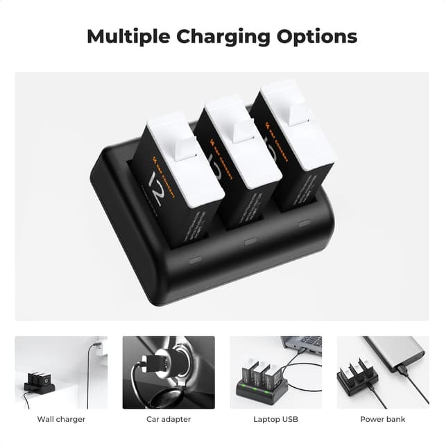 Detalle de K&F CONCEPT 3-Pack Replacement Batteries for Hero 12 with 3-Channel Quick Charger (1730mAh)