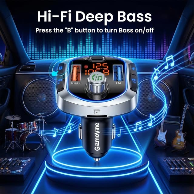 Detalle de GizmoVine FM Transmitter for Car with 81W Fast Charge (PD 45W & QC3.0 36W) and Bluetooth 5.4