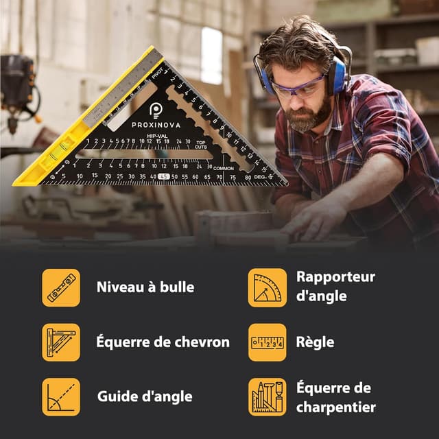 Detalle 2 de Proxinova set d’équerre de vitesse 180 mm : équerre de menuisier/charpentier avec niveau à bulle et rapporteur