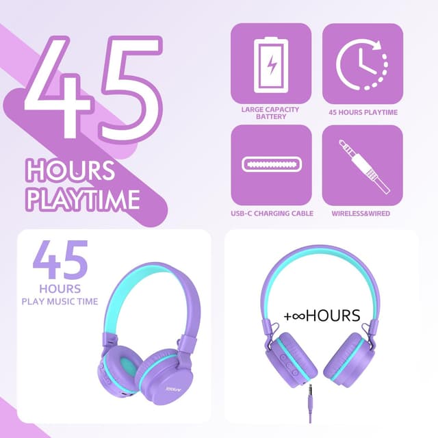 Detalle de Kids Bluetooth Headphones (Purple) with Built-in Mic, 40H Playtime & Bluetooth 5.3 (Over-Ear, Volume Limited)