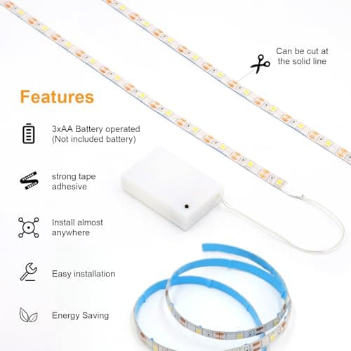 Detalle 2 de Auting Tira de pilas LED de 1 metro con 30 LED y luz blanca cálida (para debajo del armario)