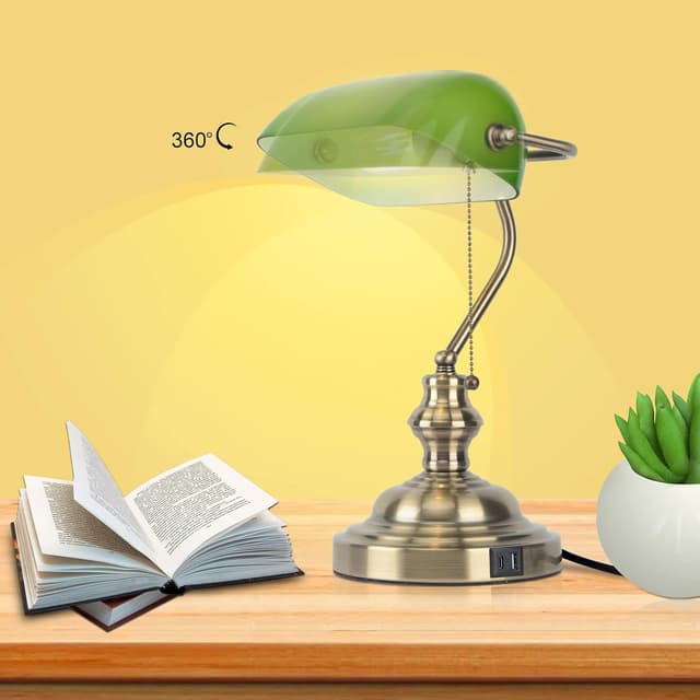 Detalle 2 de Lampe de banquier vintage JCPYIUL verte avec abat-jour pivotant, port USB et interrupteur à chaînette