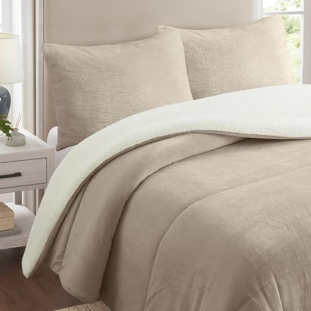 Detalle de FLORA CASA Couette d’hiver 2 personnes en laine & sherpa, 260x240 cm avec 2 taies 50x70 cm (taupe)