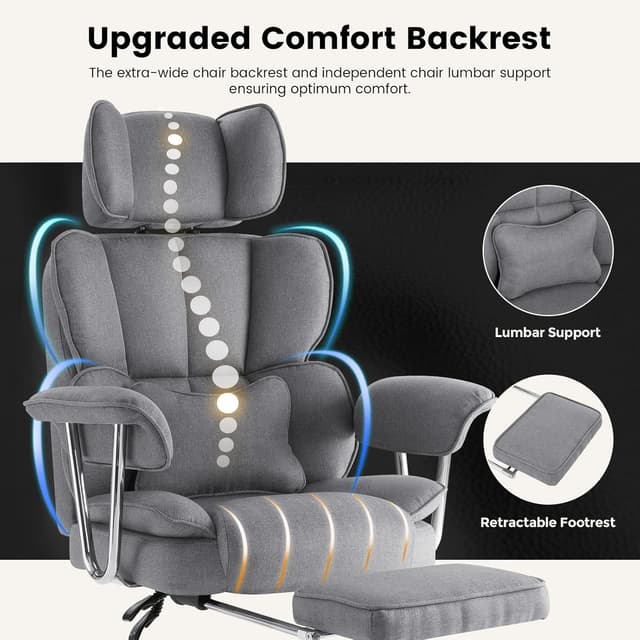 Detalle de IWMH Bürostuhl mit Fußstütze, verstellbarer Lendenwirbelstütze und Kopfstütze (XXL, bis 200 kg) – Drehstuhl mit Armlehnen, grau