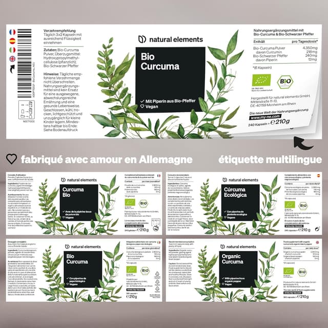 Detalle de natural elements Curcuma Bio avec poivre noir – 240 gélules (2 900 mg de curcuma bio par dose)