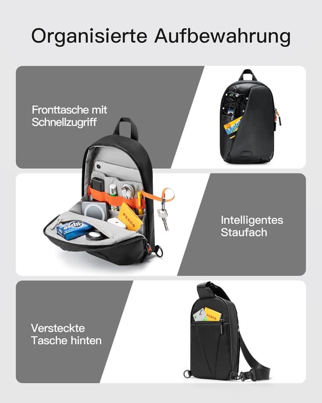 Detalle de Inateck Sling Bag X-Row: leichte Herren-Umhängetasche mit Spritzwasserschutz und smarter Fächeraufteilung