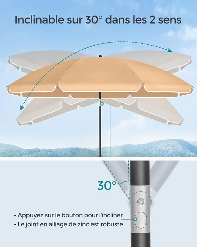 Detalle de SONGMICS parasol inclinable 200 cm UPF 50+ (hauteur réglable, 30° dans les 2 sens) taupe