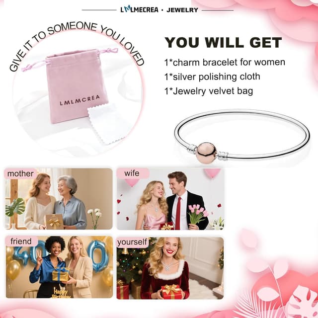 Detalle 2 de LMLMECREA Damen Charm-Armband aus 925 Sterling Silber mit Roségoldfarbenem Rundverschluss (Bettelarmband)