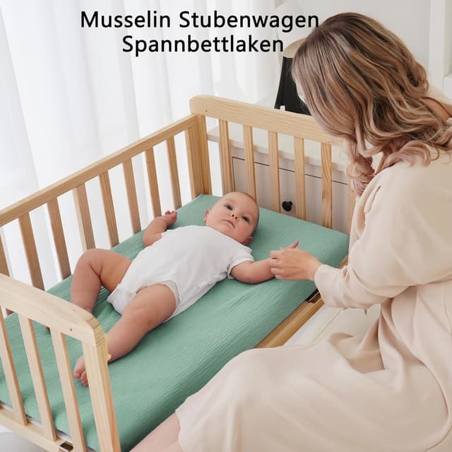 Detalle 2 de Baby Musselin Spannbettlaken 80x50 cm (2er-Set) – 100% Baumwolle für Kinderwagen & Babywiege