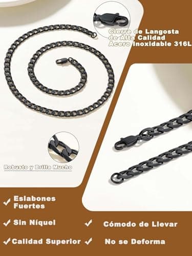 Detalle de Suplight cadena cubana de acero inoxidable 316L para hombre (negro) 6 mm y 66 cm