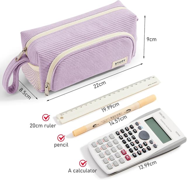 Detalle de KALIDI Corduroy Pencil Case with Multi Pockets – 8.3 x 3.5 x 4 inch organiser for school and office